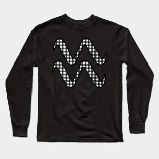 Aquarius Zodiac Horoscope Symbol in Black and White Gingham Pattern Long Sleeve T-Shirt